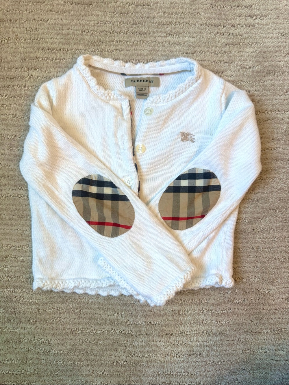 Burberry White Knit Cardigan with Check Elbow Patches